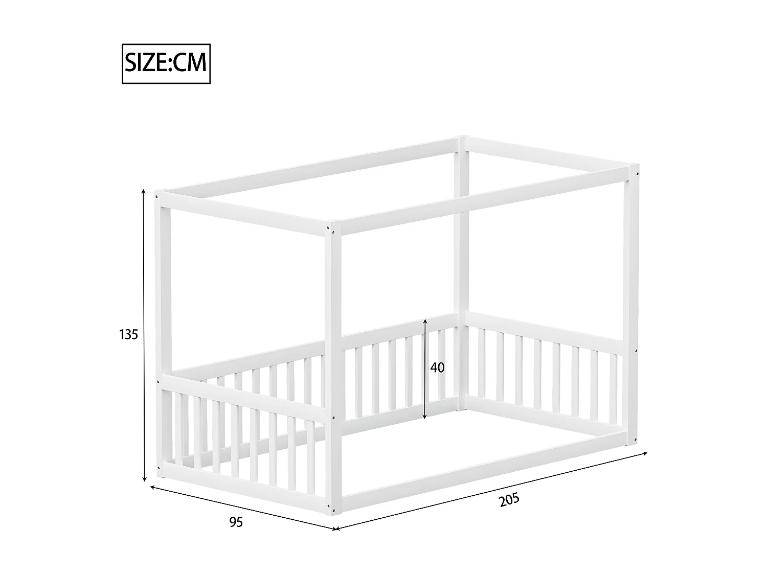 Lit bas pour enfants 90 x 200 cm, cadre en bois massif, lit à baldaquin, blanc (205x95x135 cm)