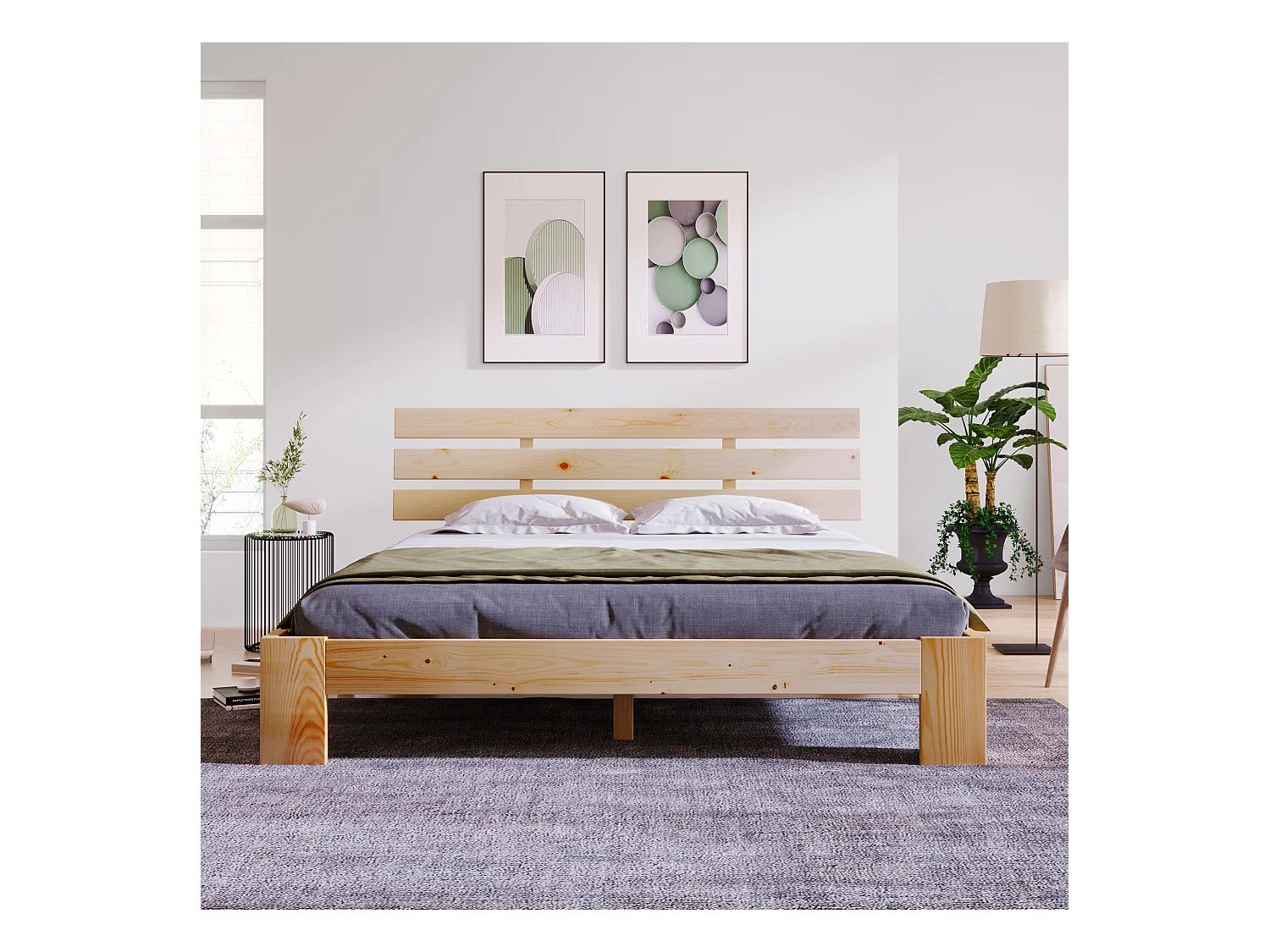 Houten bed 140x200 cm, Hoofdbord en frame met lattenbodem, Massief hout, Lichtgrijs (144x210x67,5 cm)