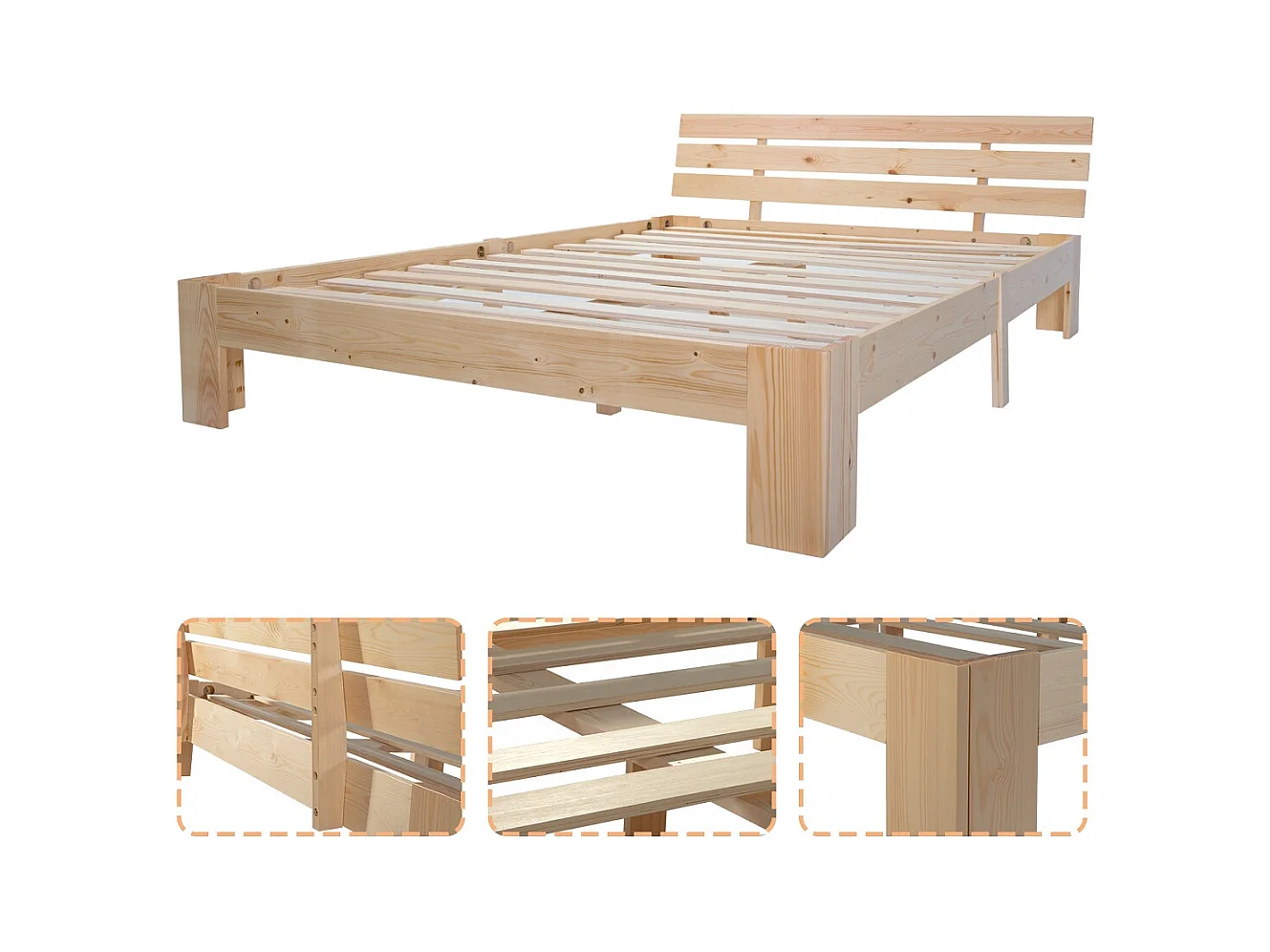 Houten bed 140x200 cm, Hoofdbord en frame met lattenbodem, Massief hout, Lichtgrijs (144x210x67,5 cm)