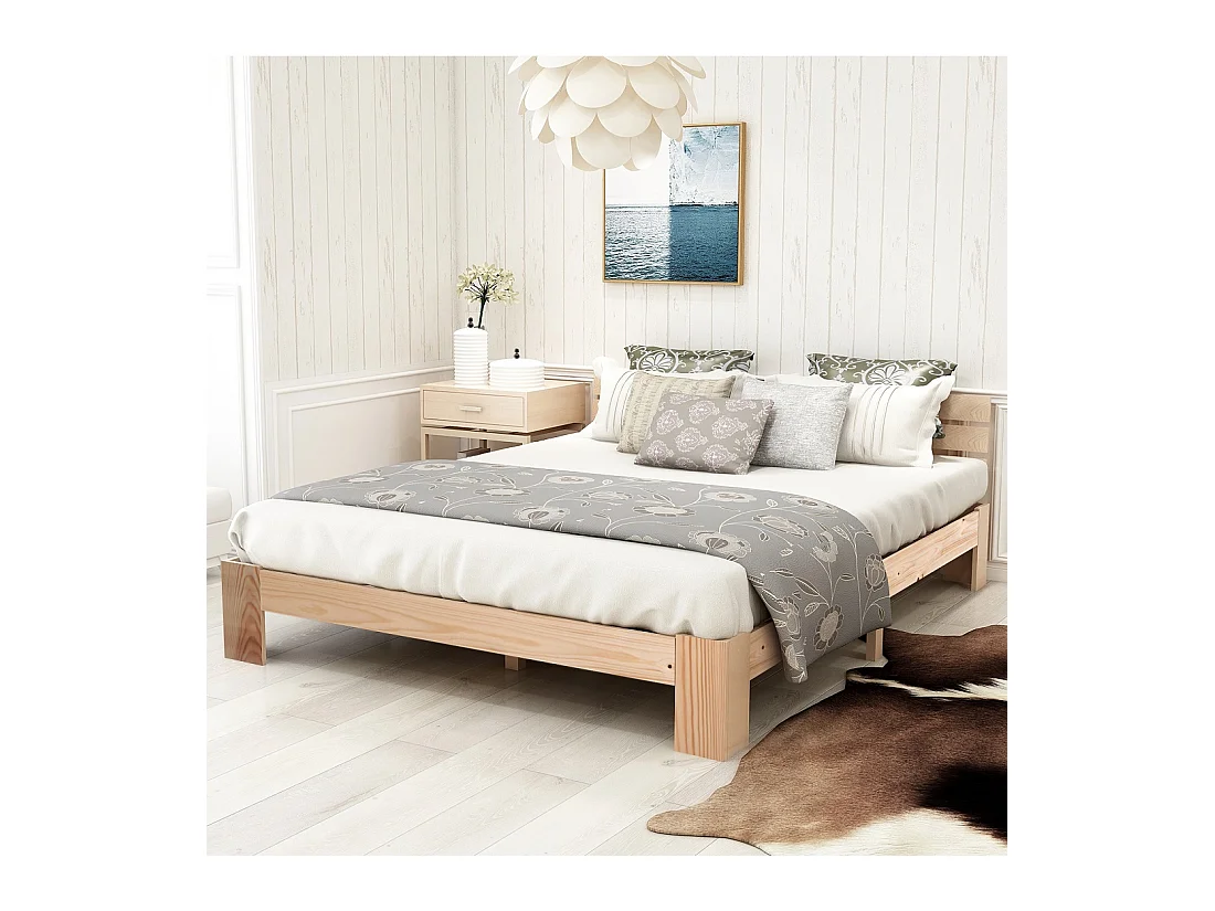 Houten bed 140x200 cm, Hoofdbord en frame met lattenbodem, Massief hout, Lichtgrijs (144x210x67,5 cm)