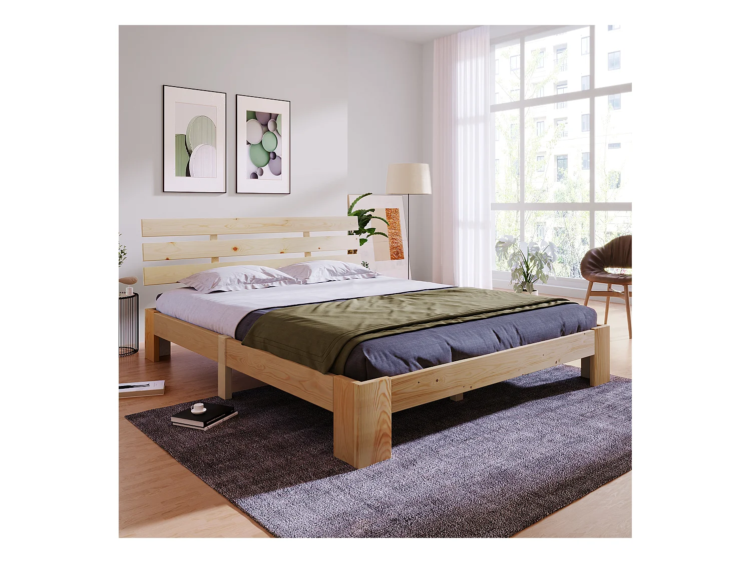 Houten bed 140x200 cm, Hoofdbord en frame met lattenbodem, Massief hout, Lichtgrijs (144x210x67,5 cm)