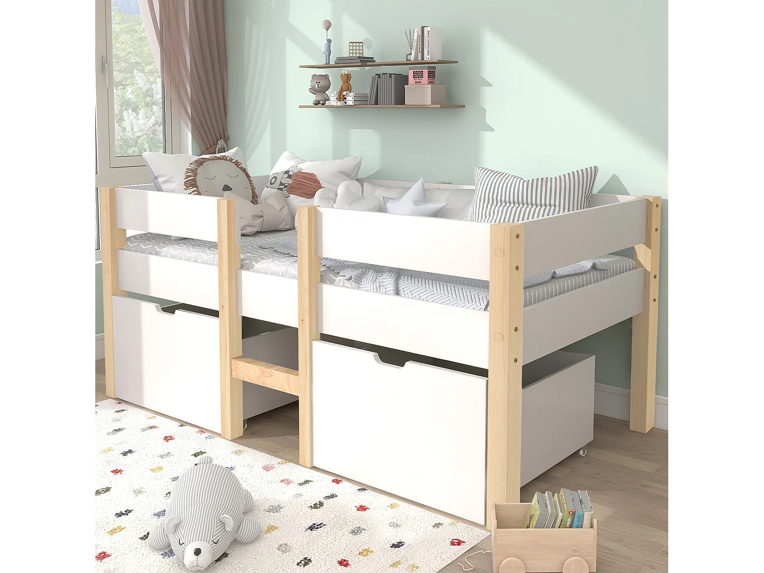 Kinderbed met lade en valbeveiliging, massief grenenhout, wit en eiken (198x97x77cm)