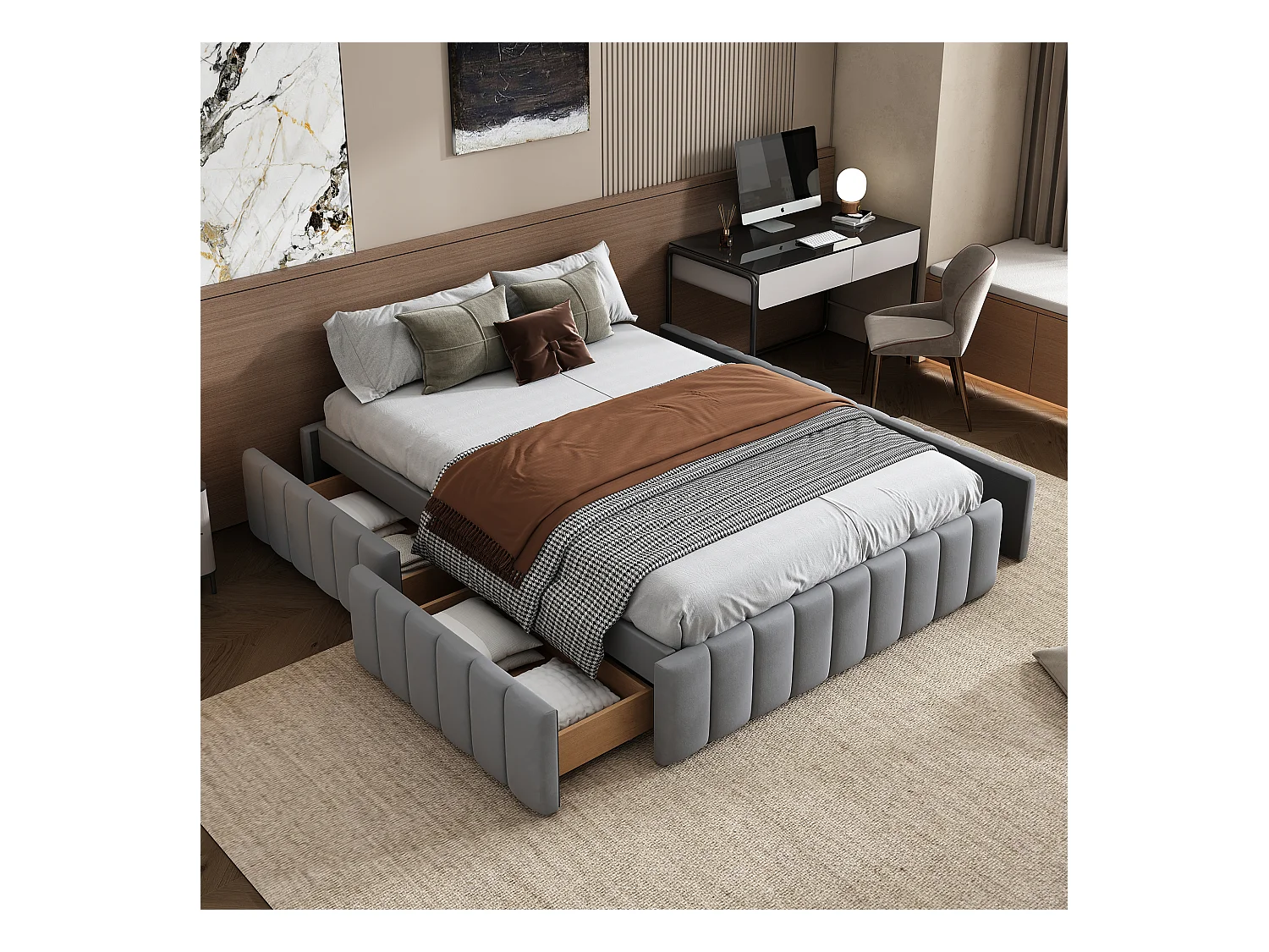 Lit 140x200 cm avec cadre, design minimaliste, Velours, Gris, avec lattes (218x149x35 cm)