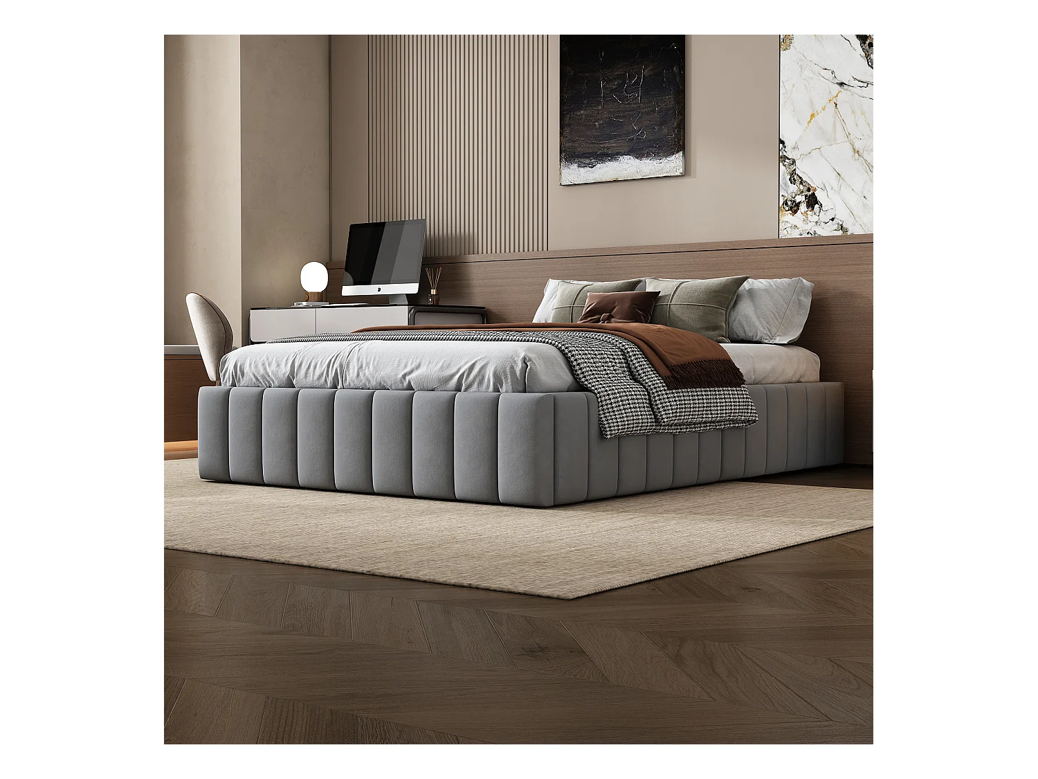 Lit 140x200 cm avec cadre, design minimaliste, Velours, Gris, avec lattes (218x149x35 cm)