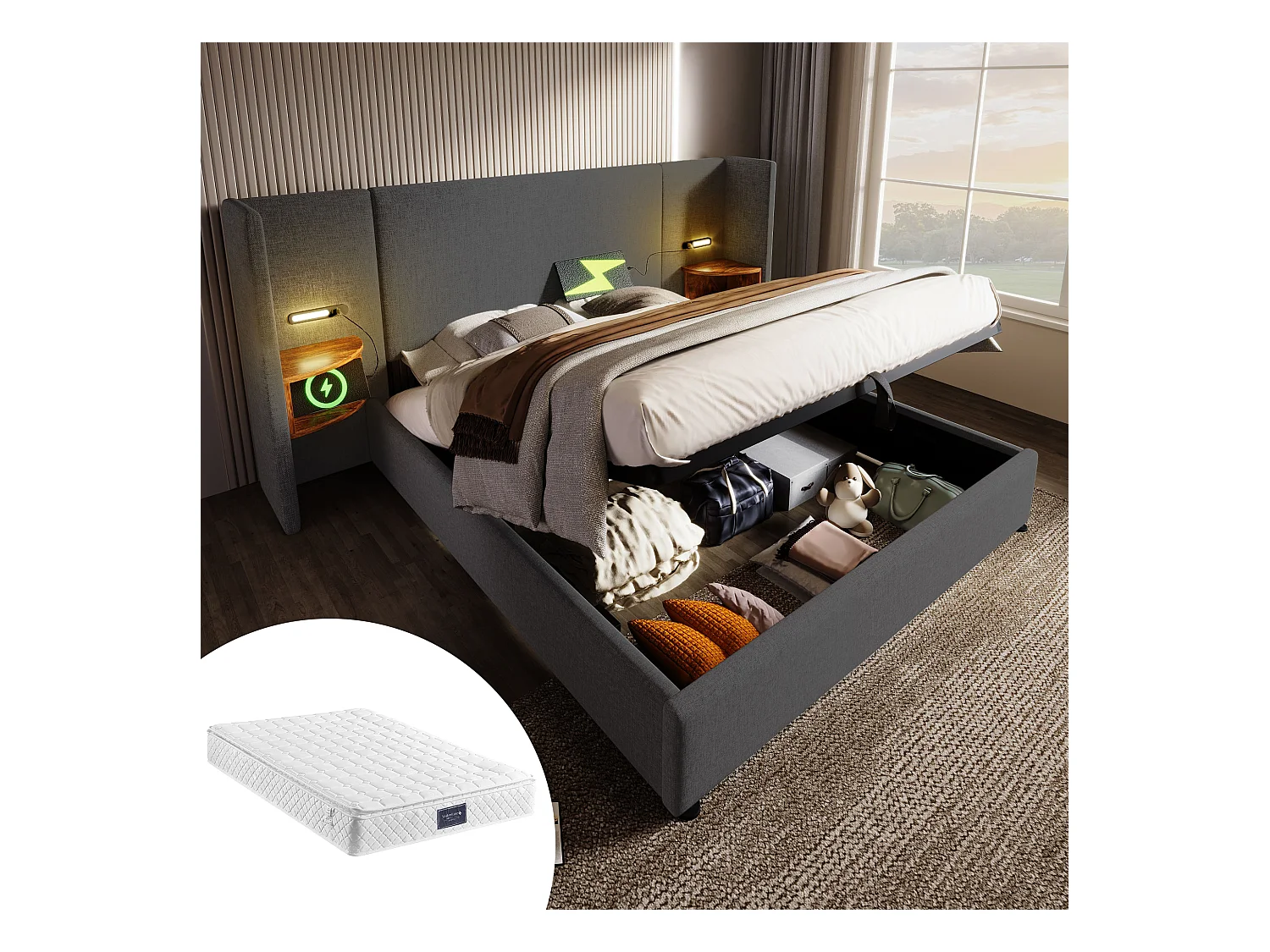 Lit double avec coffre hydraulique, tête de lit multifonctionnelle, lin gris, cadre métal et bois massif, avec lampe et ports USB (232x213x104cm)