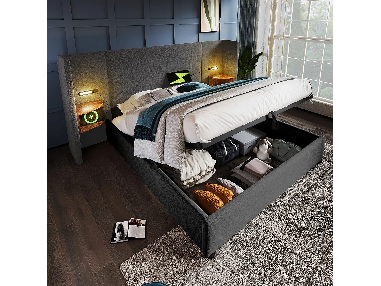 Lit double avec coffre hydraulique, tête de lit multifonctionnelle, lin gris, cadre métal et bois massif, avec lampe et ports USB (232x213x104cm)