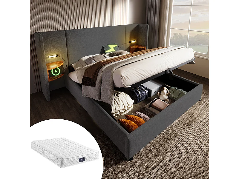 Letto matrimoniale con contenitore idraulico, testiera multifunzionale, lino grigio, struttura in metallo e legno massello, con lampada e porte USB (232x213x104cm)