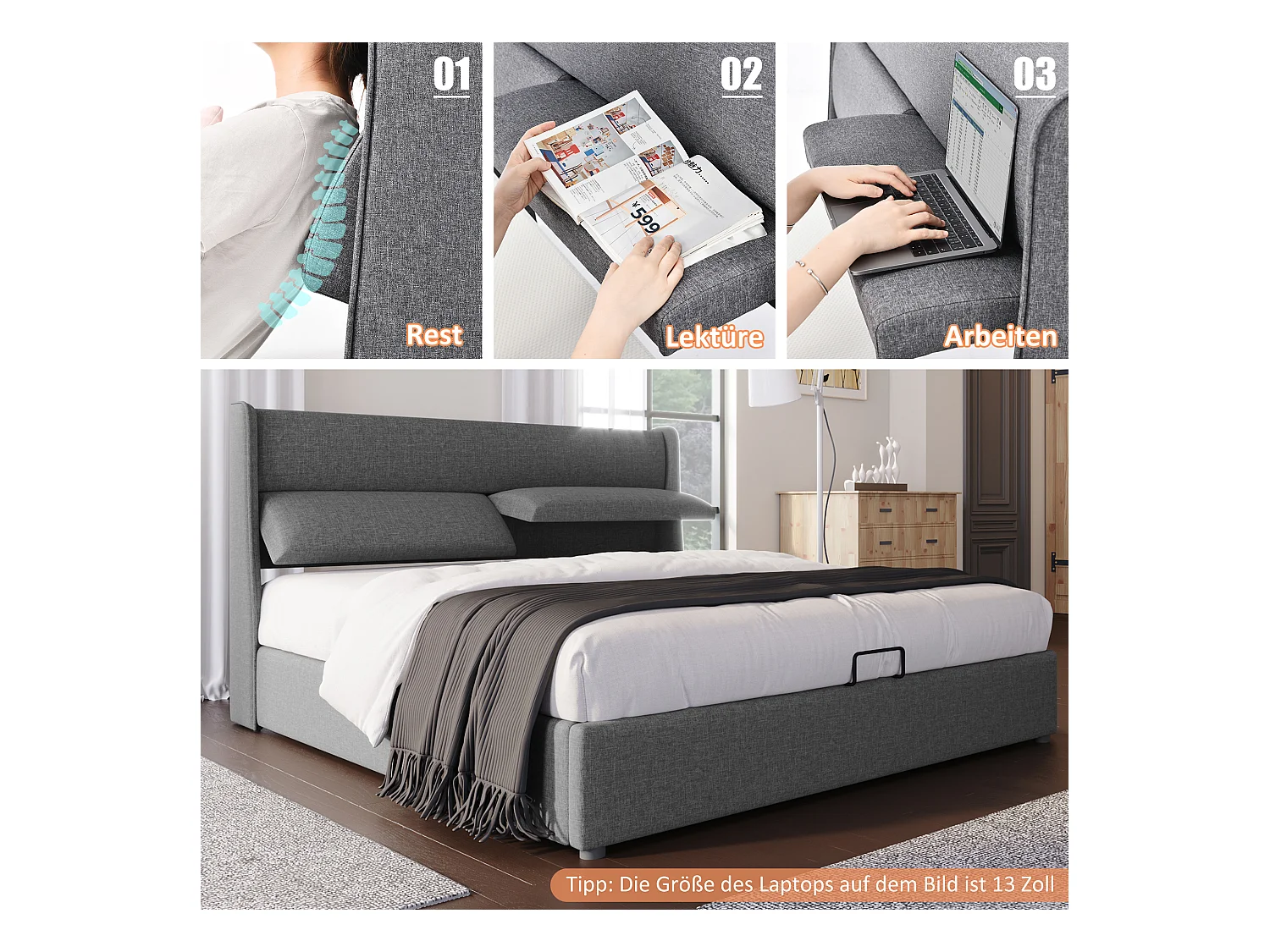 Lit double hydraulique 160x200 cm avec tête de lit réglable, cadre en lin gris et rangement intégré (dimensions : 217x165x113 cm) - avec matelas