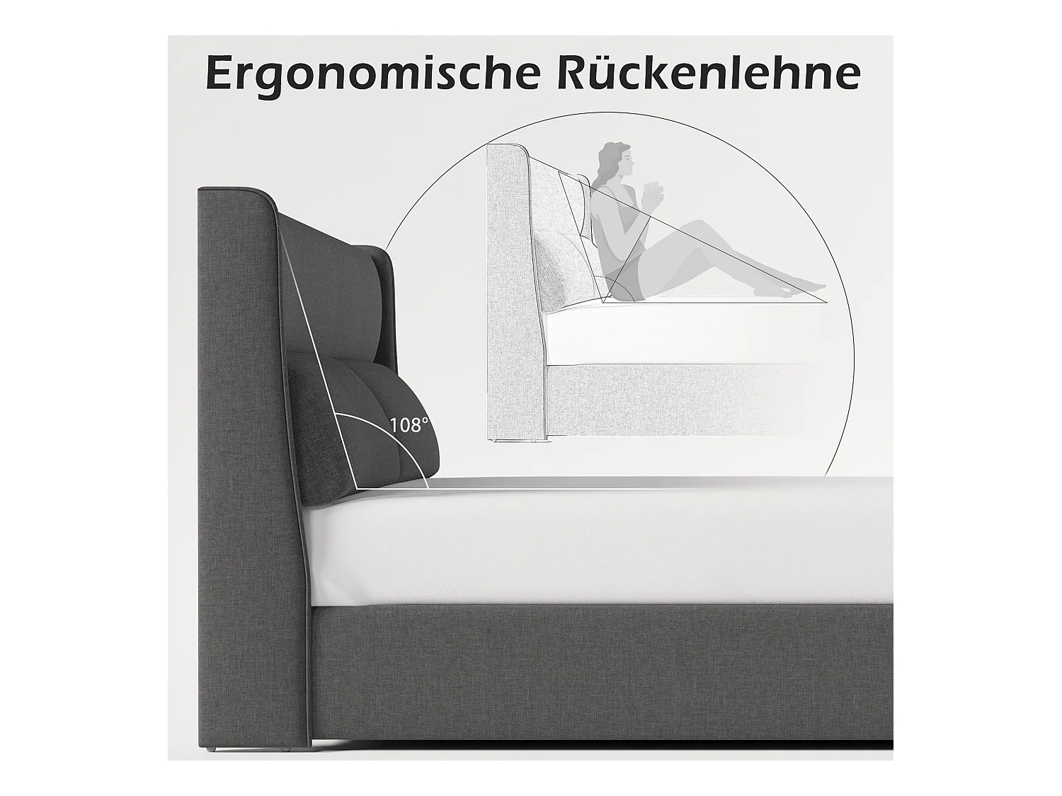 Lit double hydraulique 160x200 cm avec tête de lit réglable, cadre en lin gris et rangement intégré (dimensions : 217x165x113 cm) - avec matelas