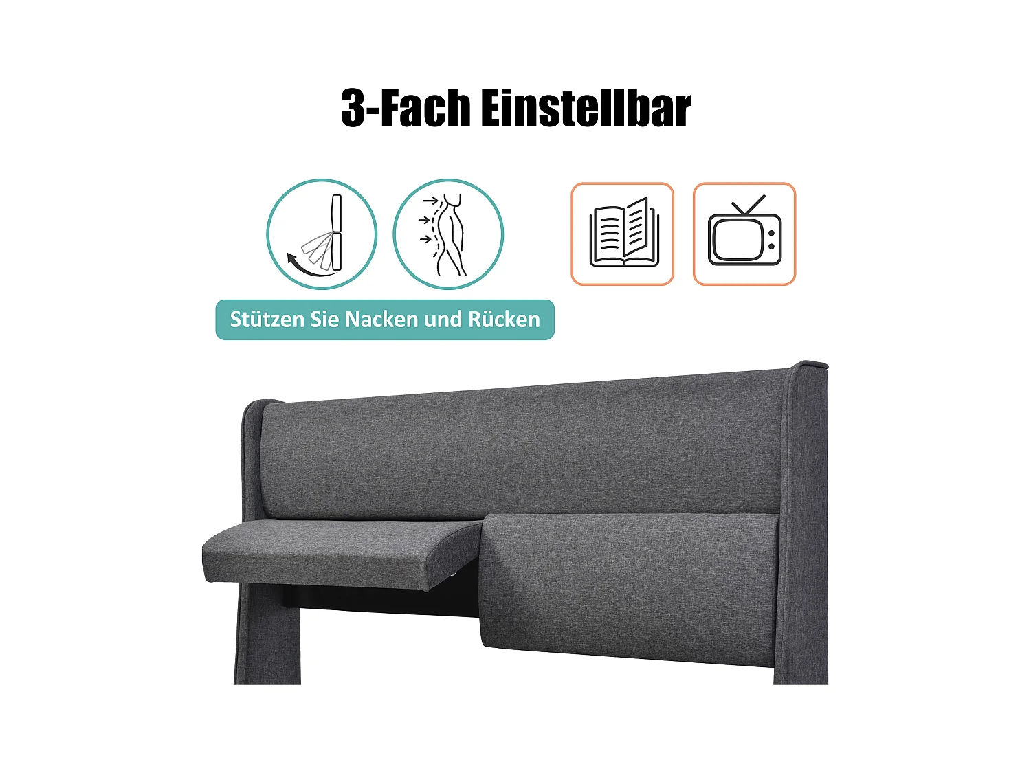 Lit double hydraulique 160x200 cm avec tête de lit réglable, cadre en lin gris et rangement intégré (dimensions : 217x165x113 cm) - avec matelas