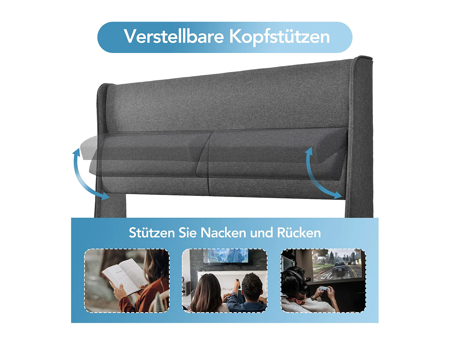 Lit double hydraulique 160x200 cm avec tête de lit réglable, cadre en lin gris et rangement intégré (dimensions : 217x165x113 cm) - avec matelas