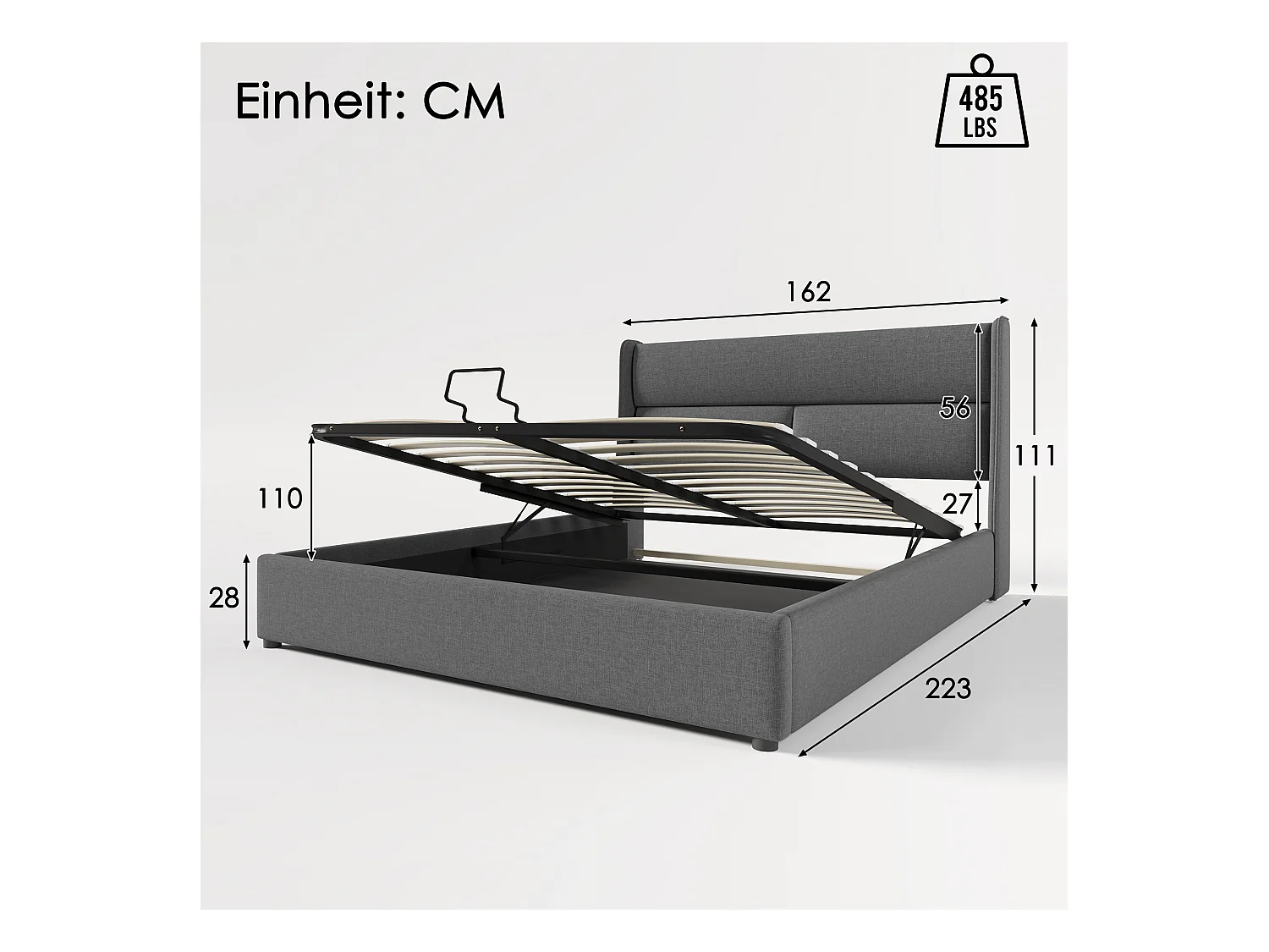 Lit double hydraulique 160x200 cm avec tête de lit réglable, cadre en lin gris et rangement intégré (dimensions : 217x165x113 cm) - avec matelas
