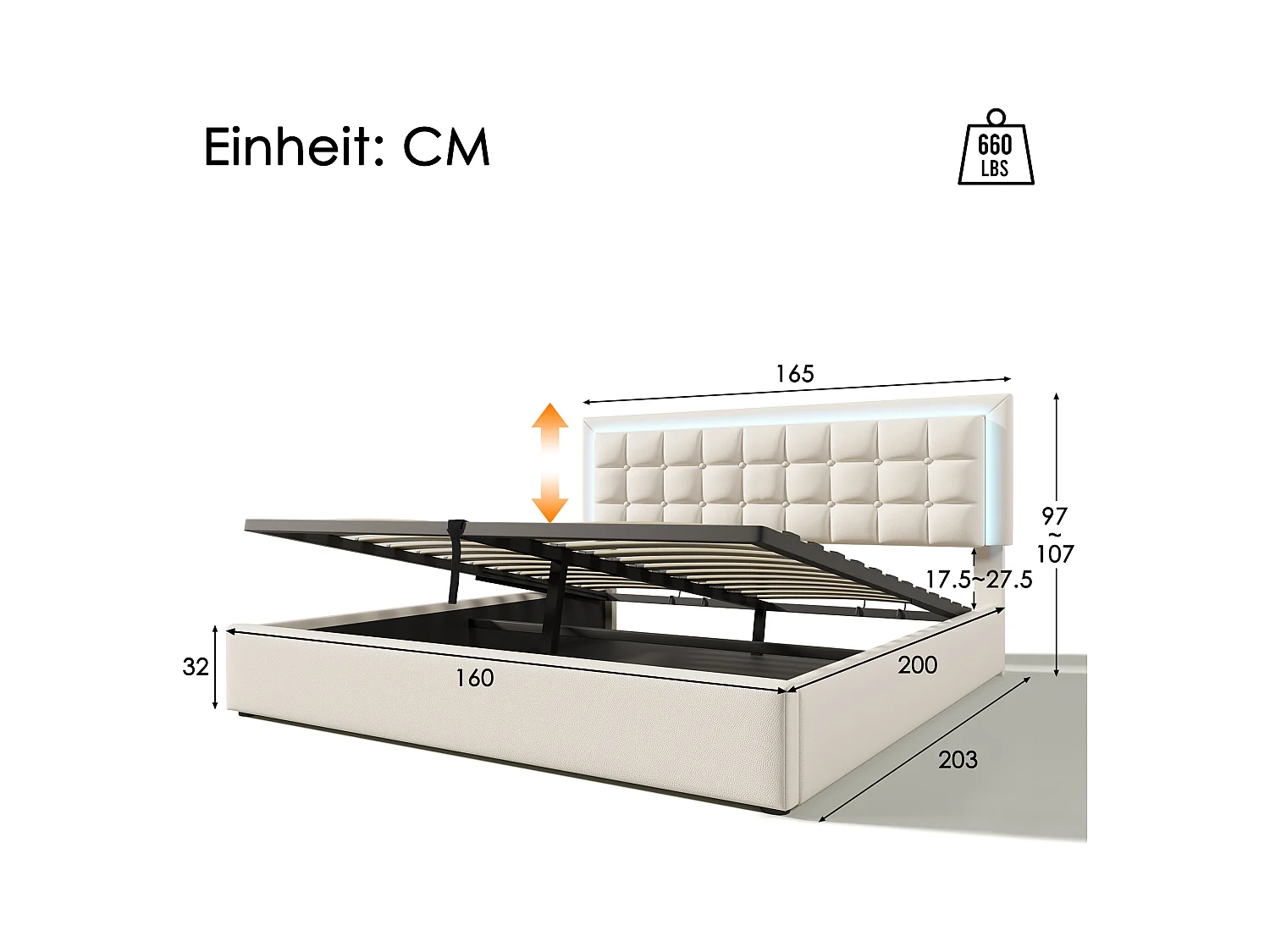 Lit double avec tête de lit de rangement, LED et USB, cadre en bois PU, 160x200 cm, gris (dimensions : 203x165x107 cm)
