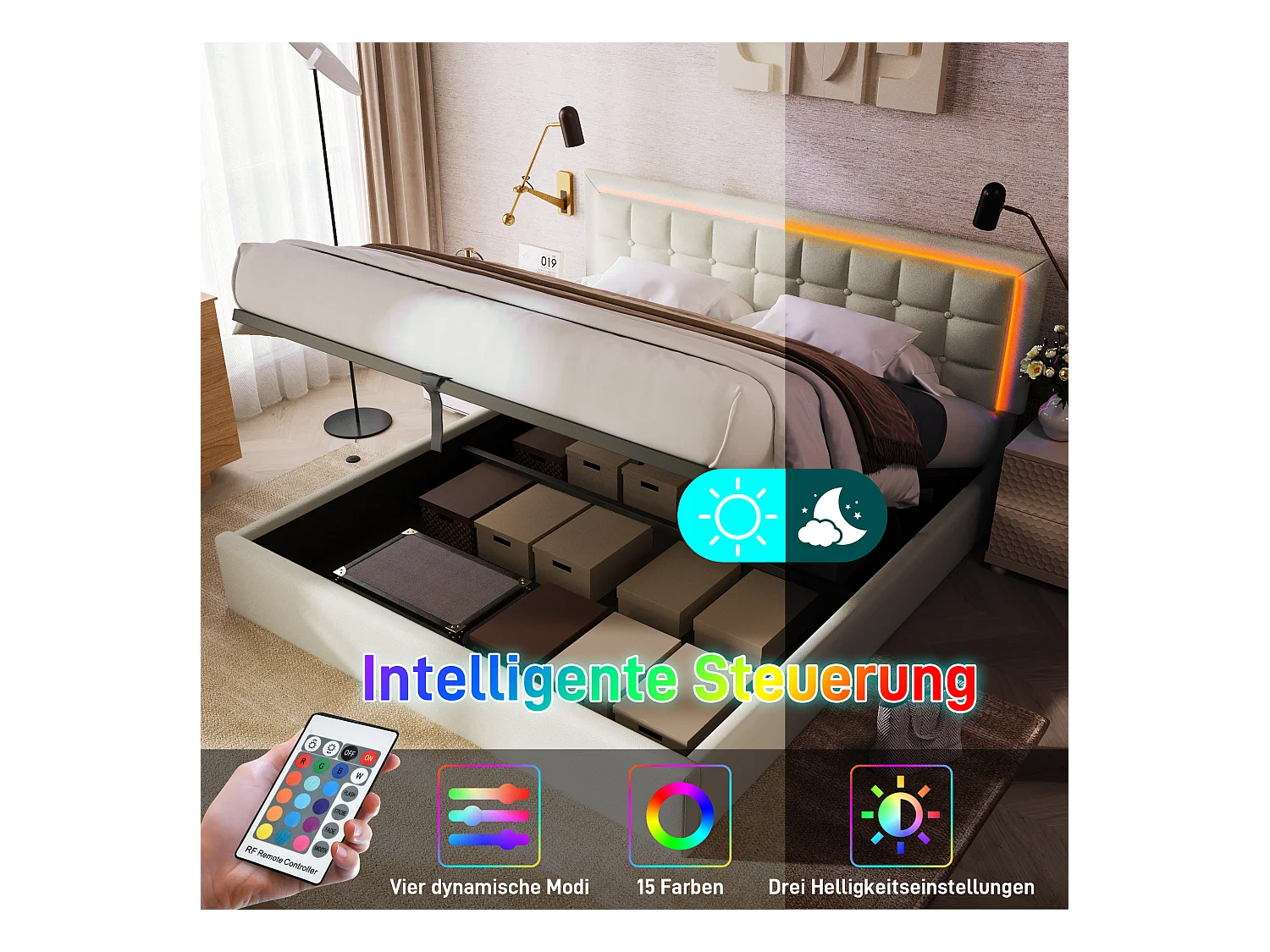 Lit double avec tête de lit de rangement, LED et USB, cadre en bois PU, 160x200 cm, gris (dimensions : 203x165x107 cm)