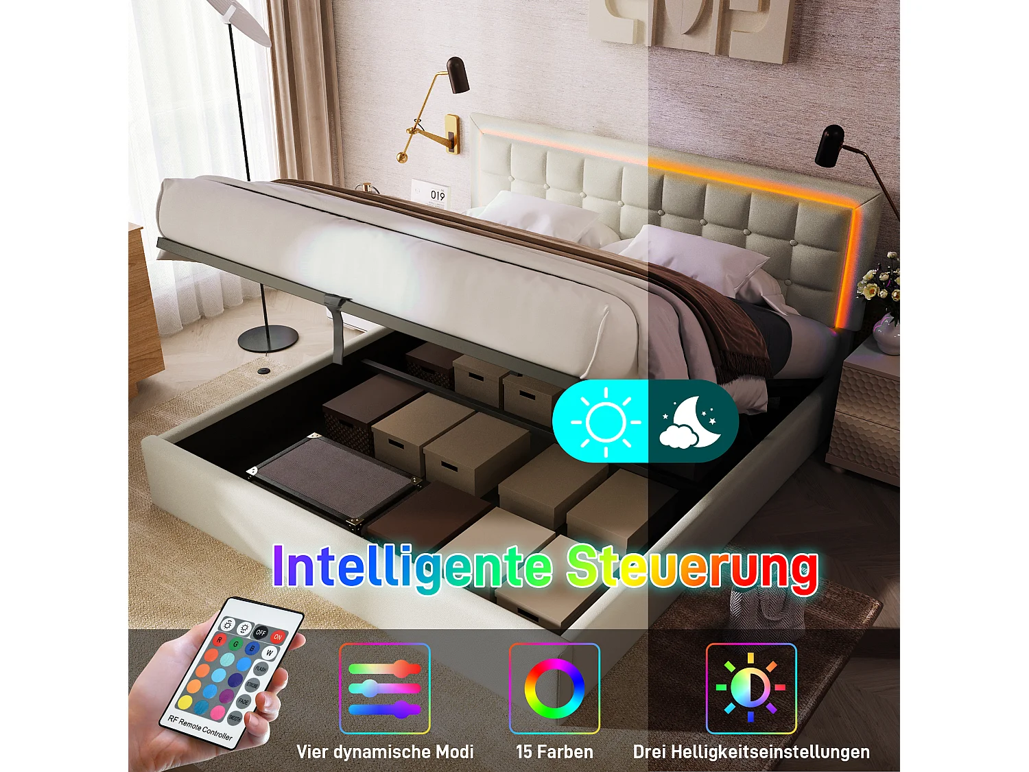 Lit double avec tête de lit de rangement, LED et USB, cadre en bois PU, 160x200 cm, gris (dimensions : 203x165x107 cm)