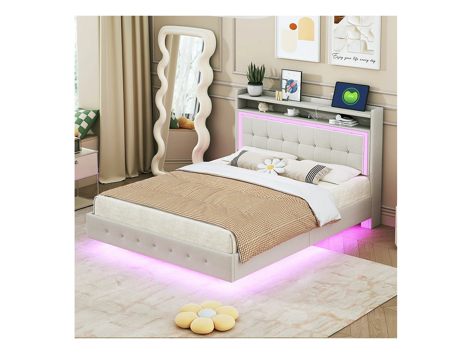 Lit tapissé 140x200 cm, avec prise USB et éclairage LED, tête de lit modulable, design pieds cachés, tissu lin beige (213x145x113.5 cm)