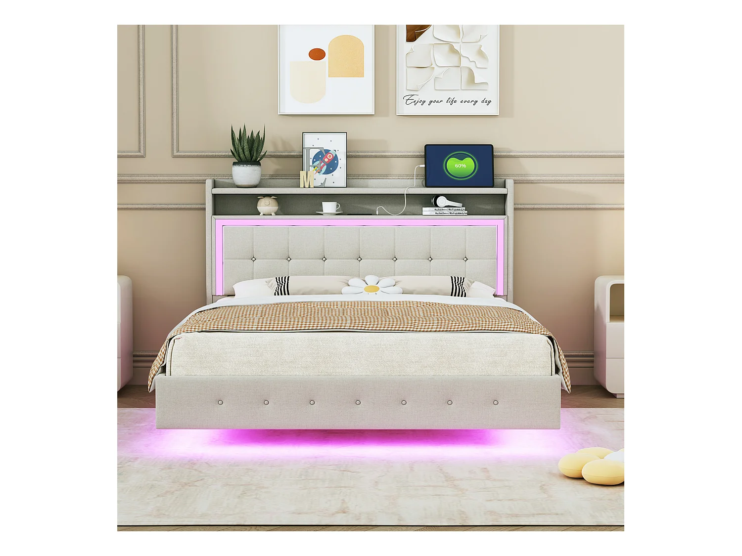 Lit tapissé 140x200 cm, avec prise USB et éclairage LED, tête de lit modulable, design pieds cachés, tissu lin beige (213x145x113.5 cm)