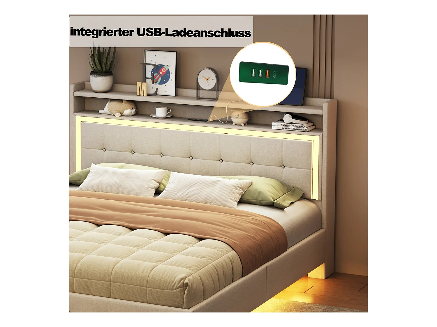 Lit tapissé 140x200 cm, avec prise USB et éclairage LED, tête de lit modulable, design pieds cachés, tissu lin beige (213x145x113.5 cm)