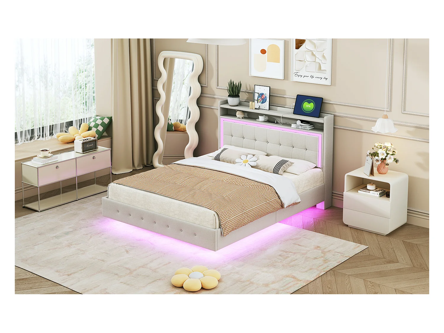 Lit tapissé 140x200 cm, avec prise USB et éclairage LED, tête de lit modulable, design pieds cachés, tissu lin beige (213x145x113.5 cm)