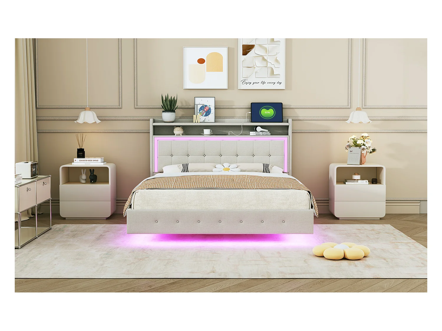 Lit tapissé 140x200 cm, avec prise USB et éclairage LED, tête de lit modulable, design pieds cachés, tissu lin beige (213x145x113.5 cm)