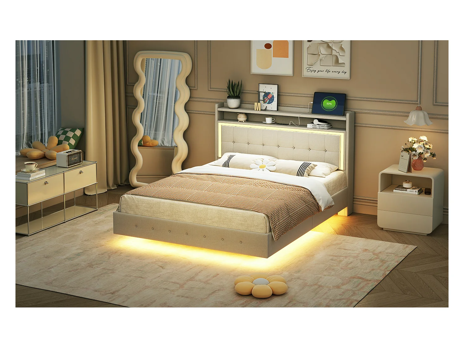 Lit tapissé 140x200 cm, avec prise USB et éclairage LED, tête de lit modulable, design pieds cachés, tissu lin beige (213x145x113.5 cm)