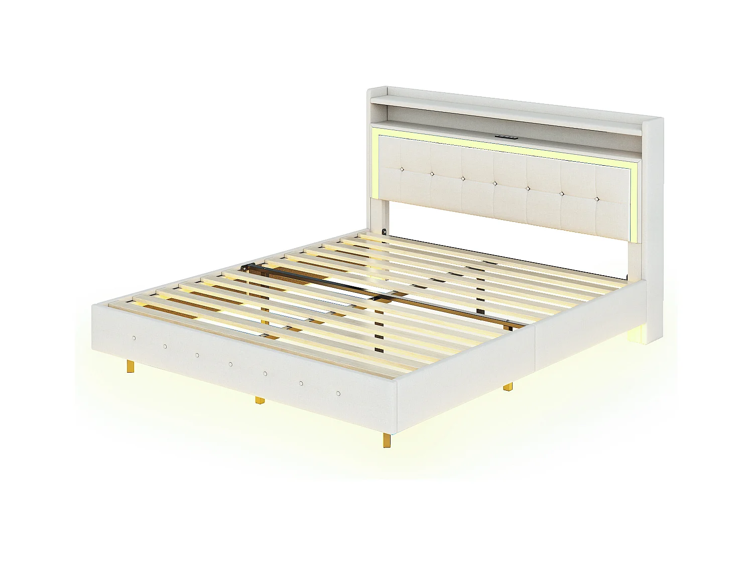 Lit tapissé 140x200 cm, avec prise USB et éclairage LED, tête de lit modulable, design pieds cachés, tissu lin beige (213x145x113.5 cm)