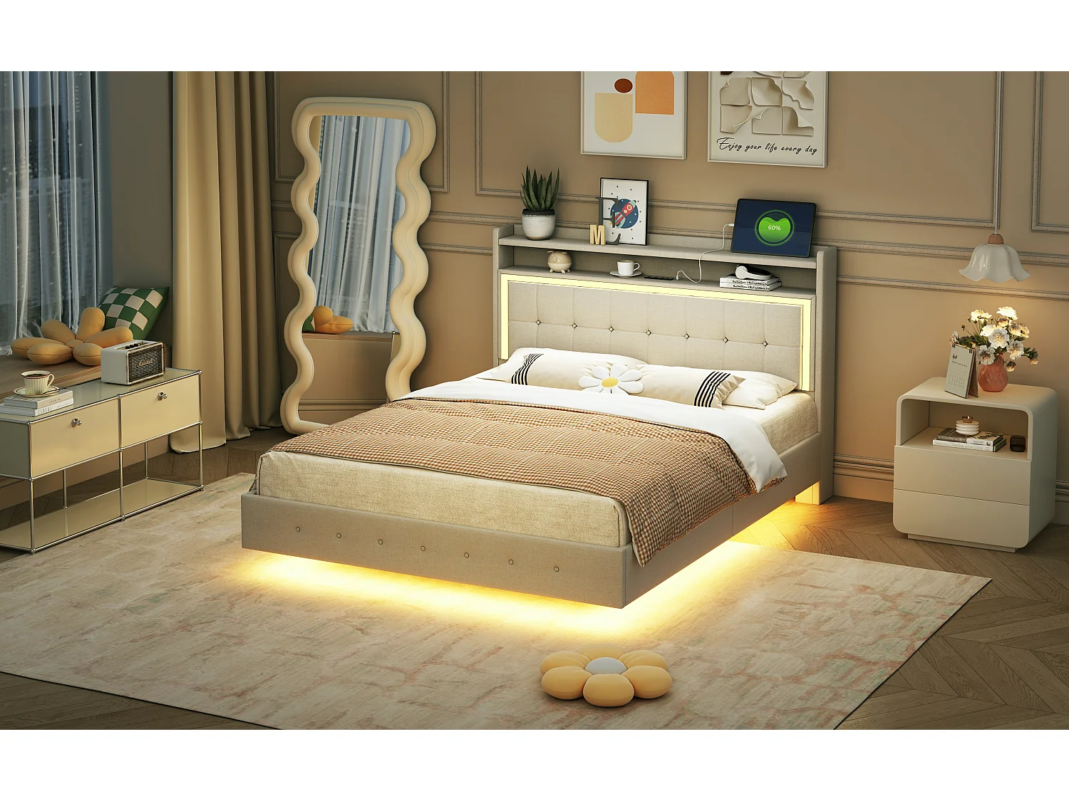 Gestoffeerd bed 140x200 cm, met USB-aansluiting en ledverlichting, modulair hoofdeinde, verborgen potenontwerp, beige linnen stof (213x145x113,5 cm)