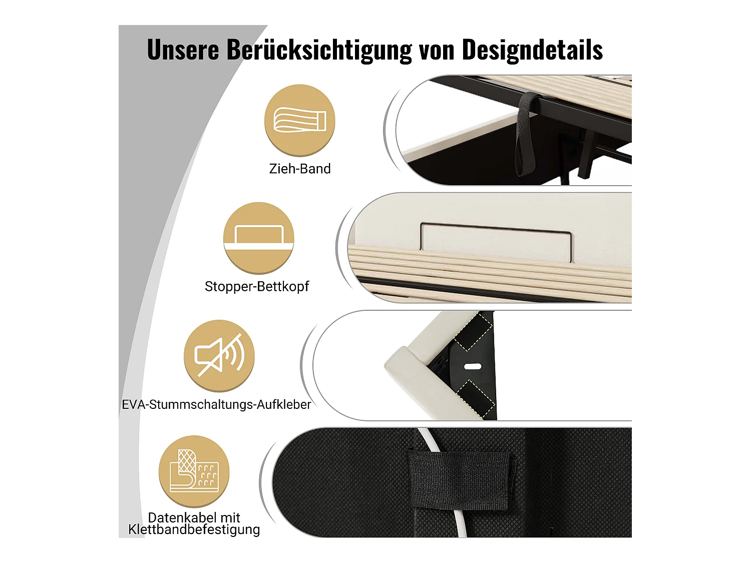 Lit double 160x200, Lit avec rangement, LED contrôlable par application, fonction de charge USB-C, PU, Blanc (247x211x112 cm)
