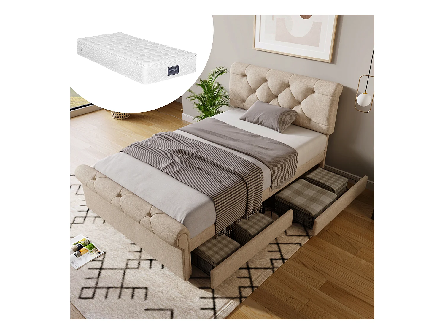 Lit individuel avec tête de lit réglable, 2 tiroirs et matelas, design Chesterfield, bois et métal, naturel (225x98x110 cm)