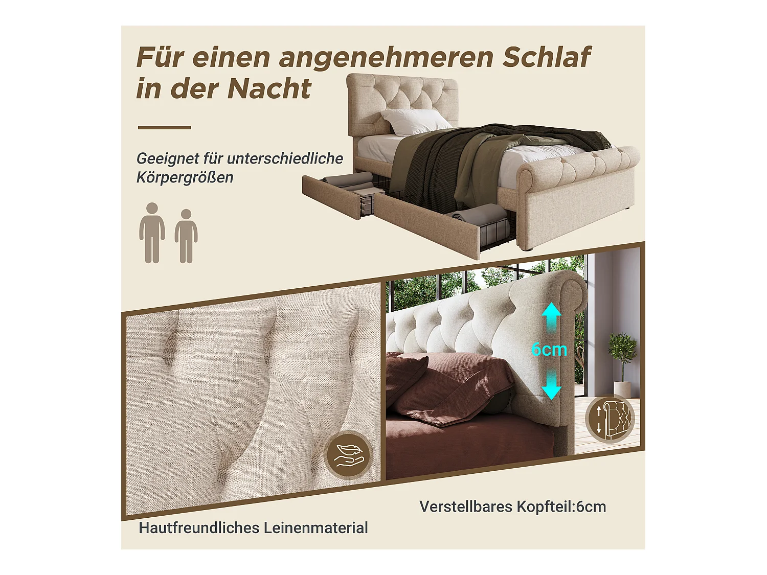 Lit individuel avec tête de lit réglable, 2 tiroirs et matelas, design Chesterfield, bois et métal, naturel (225x98x110 cm)