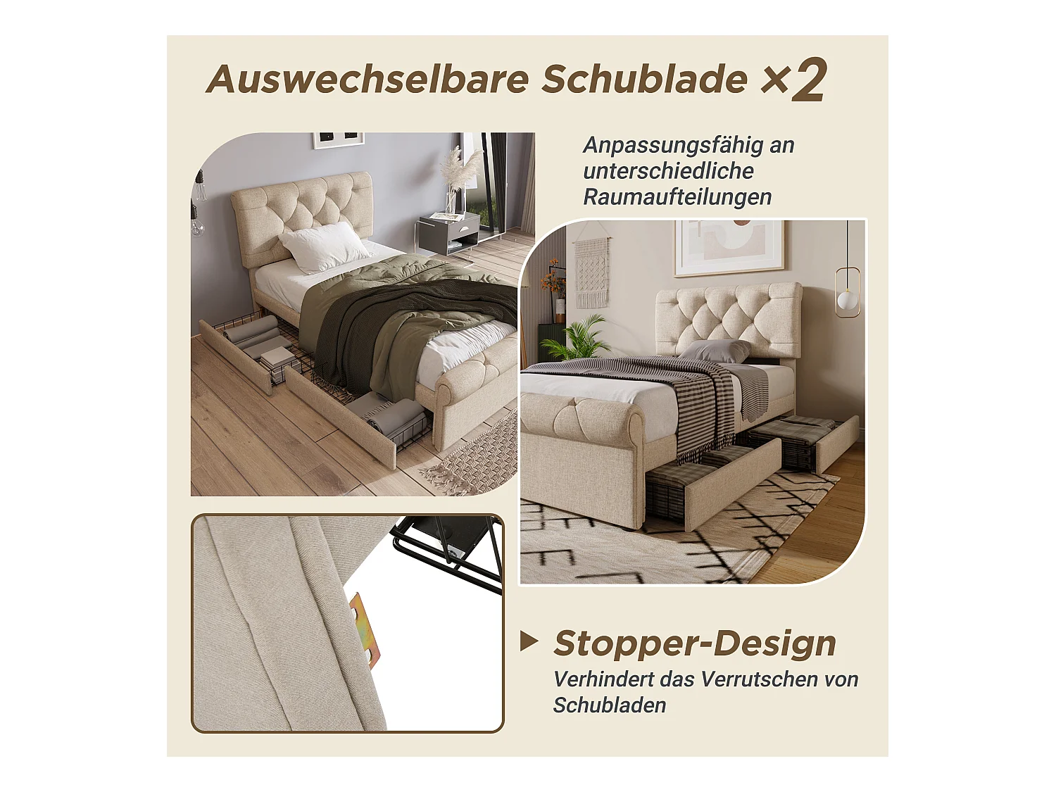 Lit individuel avec tête de lit réglable, 2 tiroirs et matelas, design Chesterfield, bois et métal, naturel (225x98x110 cm)