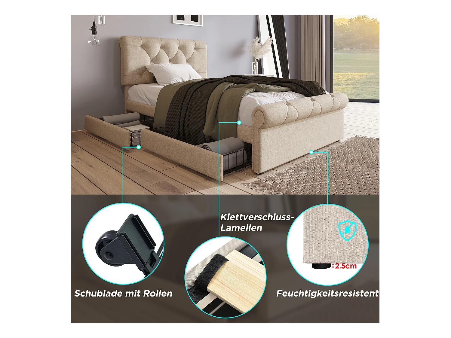 Lit individuel avec tête de lit réglable, 2 tiroirs et matelas, design Chesterfield, bois et métal, naturel (225x98x110 cm)