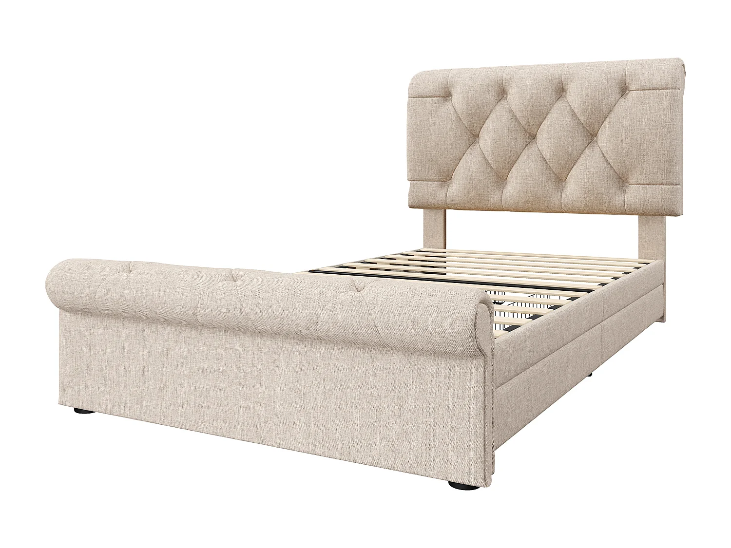 Lit individuel avec tête de lit réglable, 2 tiroirs et matelas, design Chesterfield, bois et métal, naturel (225x98x110 cm)