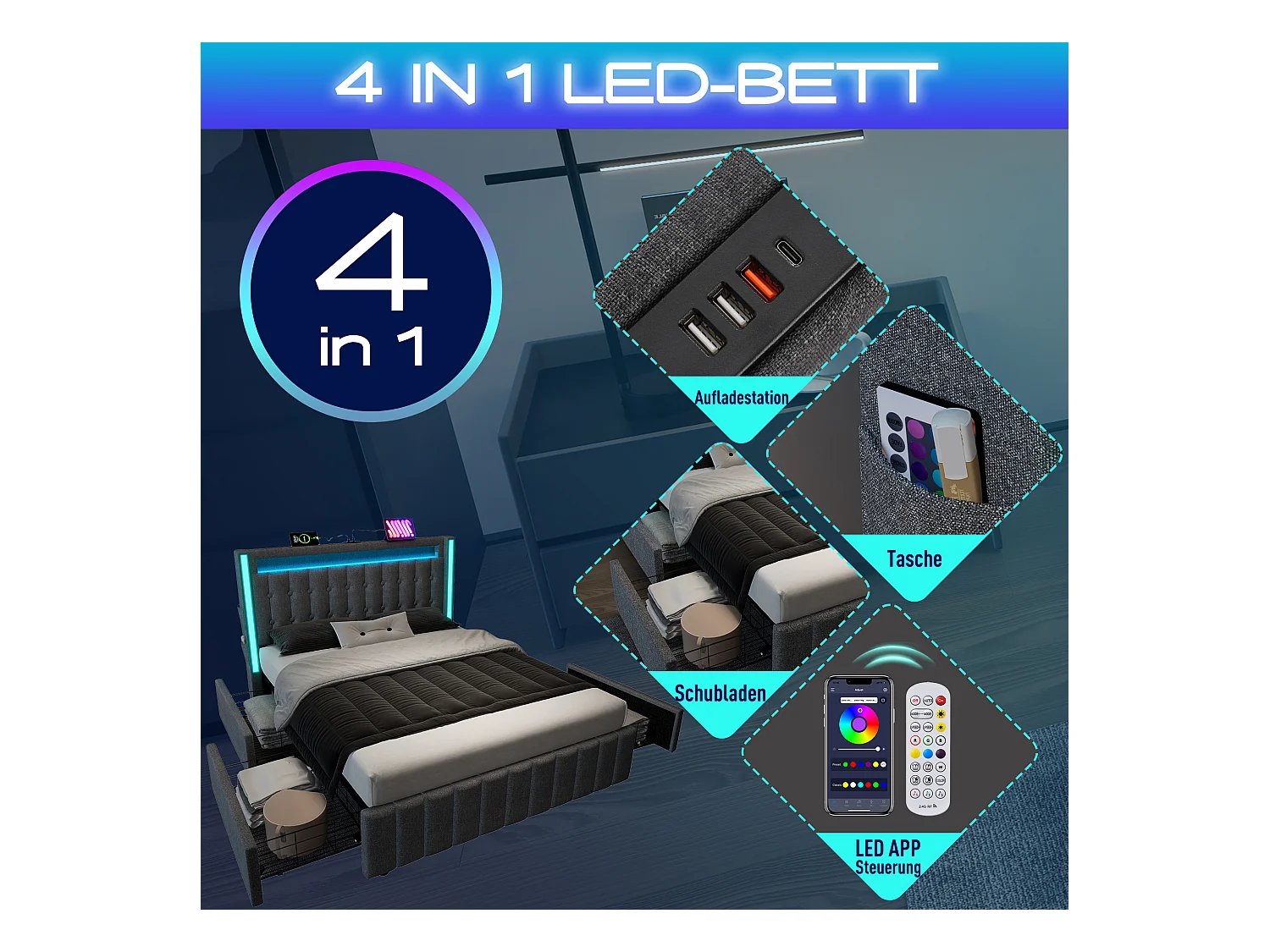 Lit double 160x200 cm avec LED, 4 tiroirs, USB Type C et tête de lit réglable, lin gris (209x169x104 cm)