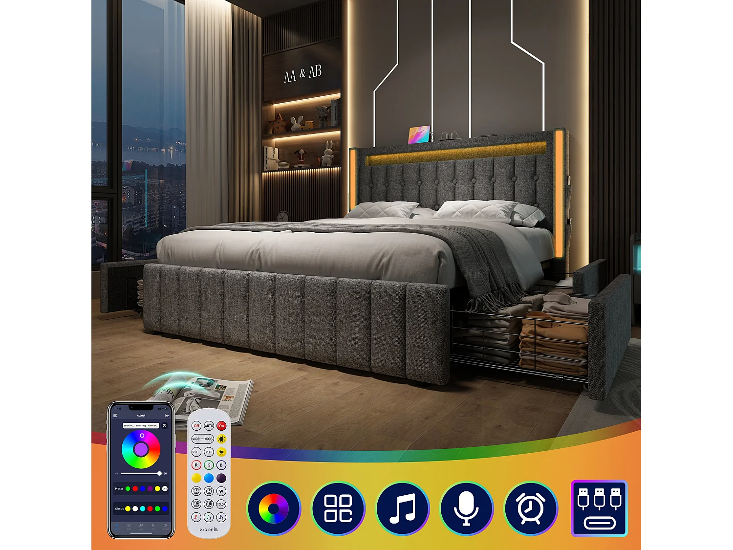 Lit double 160x200 cm avec LED, 4 tiroirs, USB Type C et tête de lit réglable, lin gris (209x169x104 cm)