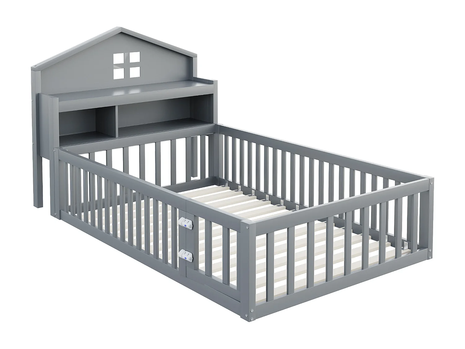 Kinderbed 90x200 cm, massief houten frame, woondesign, met opbergplanken, deur en veiligheidsrek, met lattenbodem, grijs (235x111,8x115 cm)