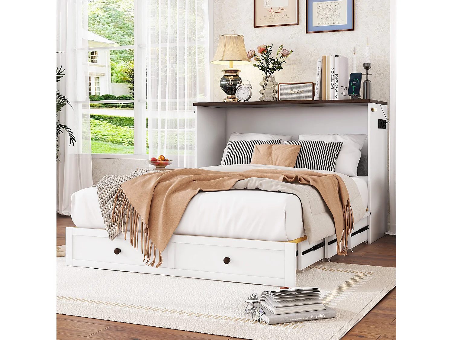 Lit coffre mobile 140x200 cm, lit avec tiroirs et étagère, design convertible avec prise USB, blanc