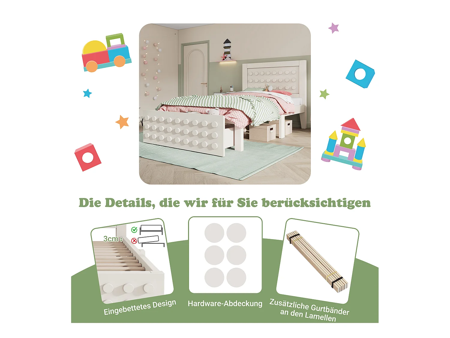 Letto per bambini 90x190 cm, struttura in legno massello, rete a doghe, cassetti e contenitore sotto il letto, bianco (90x190 cm)