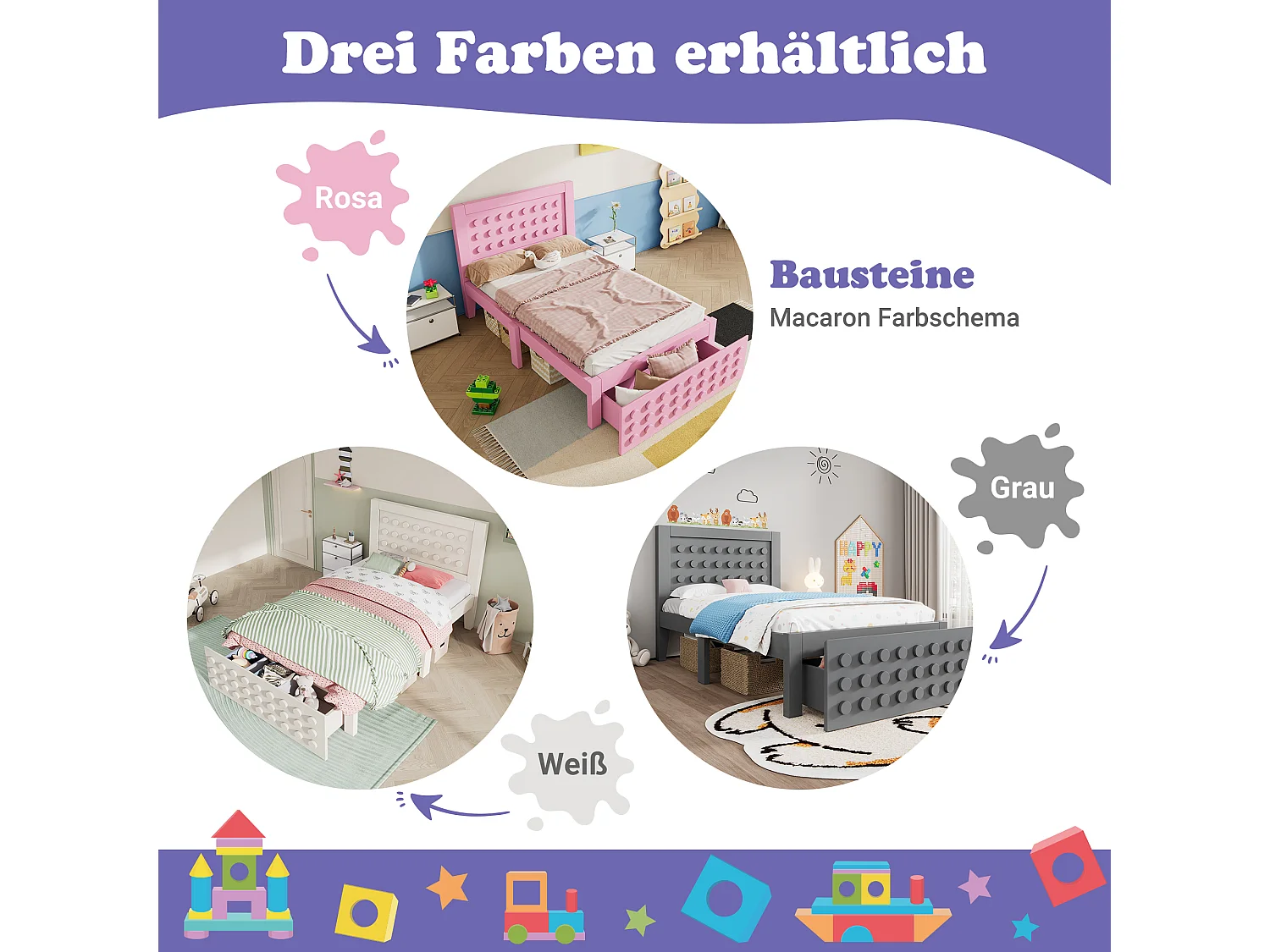 Letto per bambini 90x190 cm, struttura in legno massello, rete a doghe, cassetti e contenitore sotto il letto, bianco (90x190 cm)