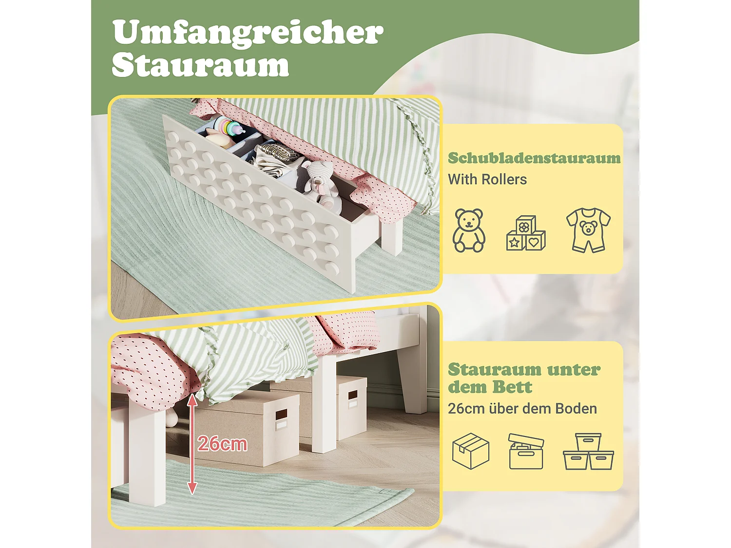 Letto per bambini 90x190 cm, struttura in legno massello, rete a doghe, cassetti e contenitore sotto il letto, bianco (90x190 cm)