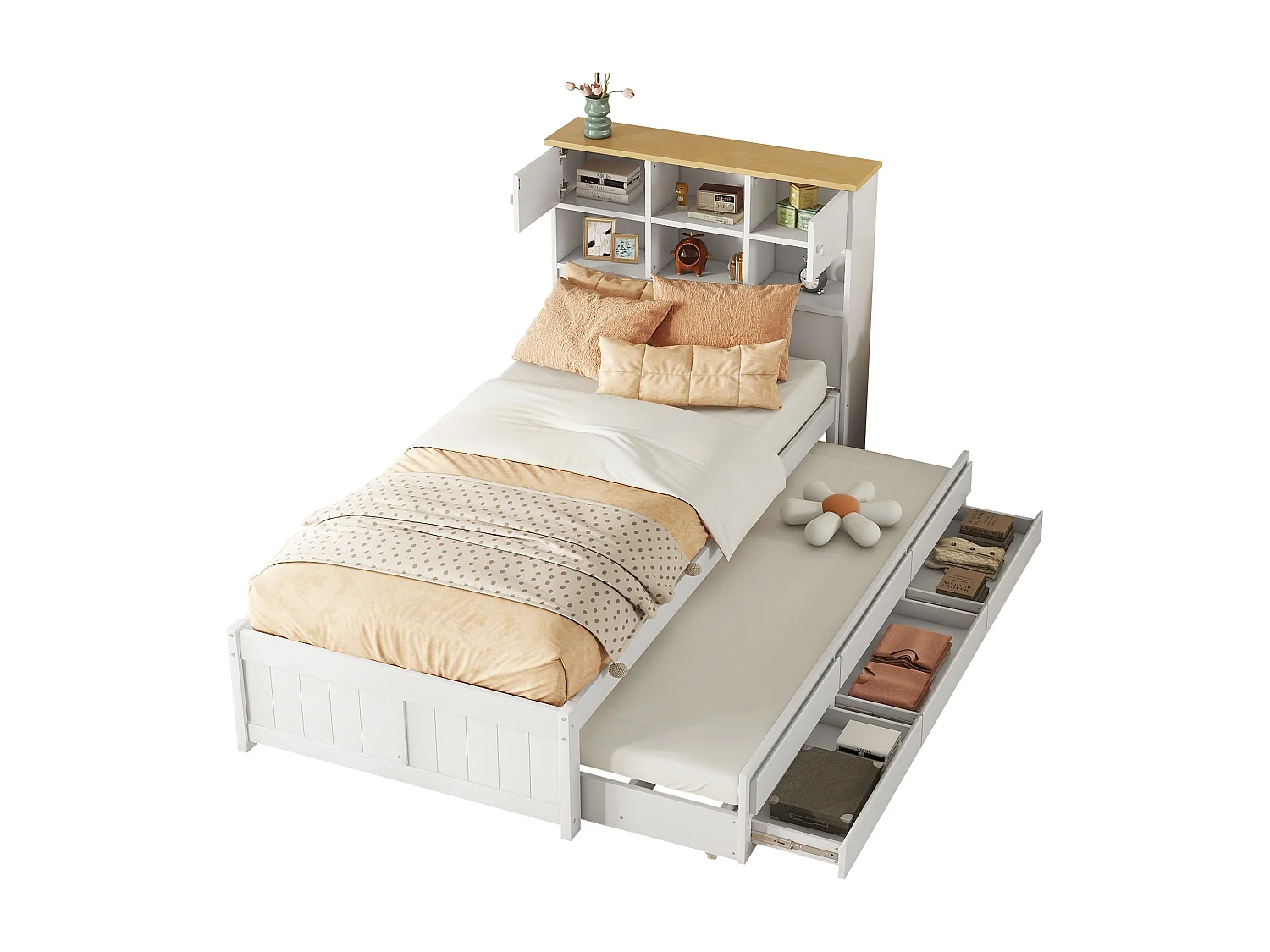 Cama plana 90x200 cm con almacenaje, cama extensible con 3 cajones, diseño sencillo, madera de pino, blanco (222x95x118 cm)