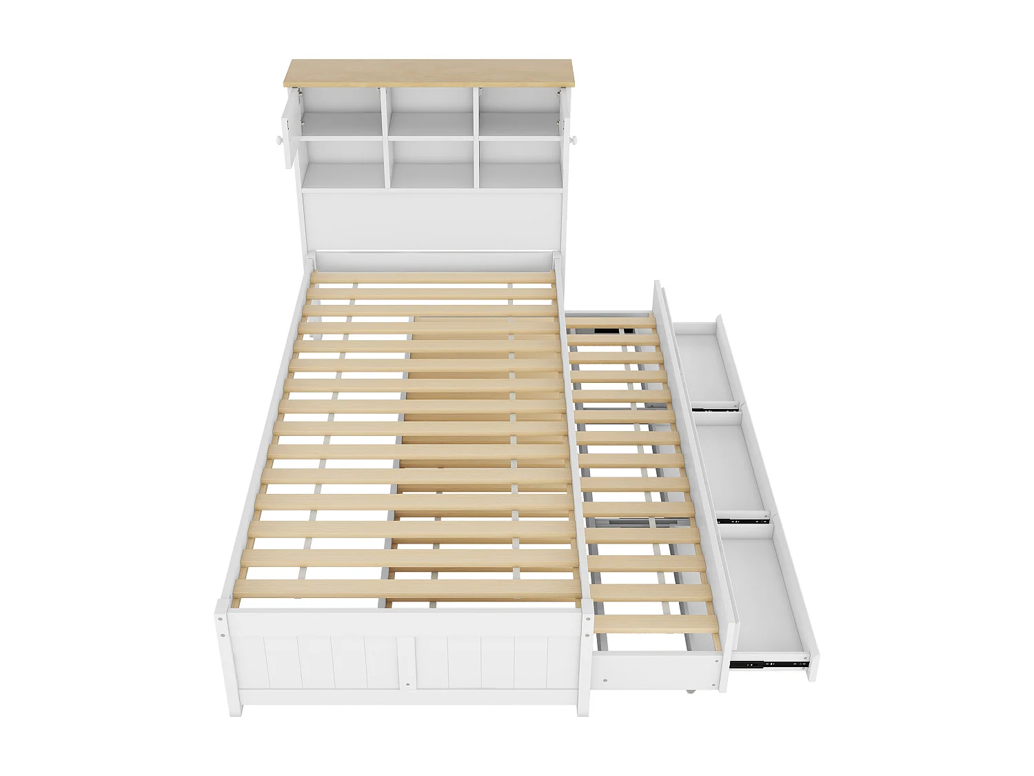 Cama plana 90x200 cm con almacenaje, cama extensible con 3 cajones, diseño sencillo, madera de pino, blanco (222x95x118 cm)