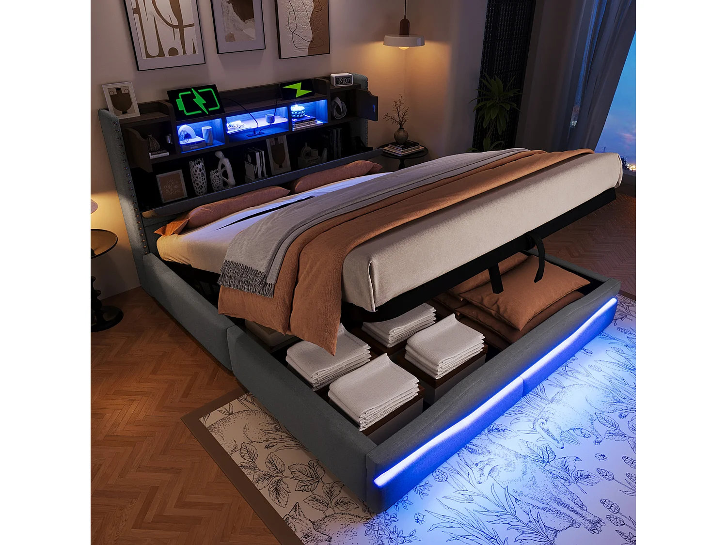 Lit rembourré avec rangement hydraulique, éclairage LED télécommandé, ports USB/Type-C, lin gris (222x166x111 cm)