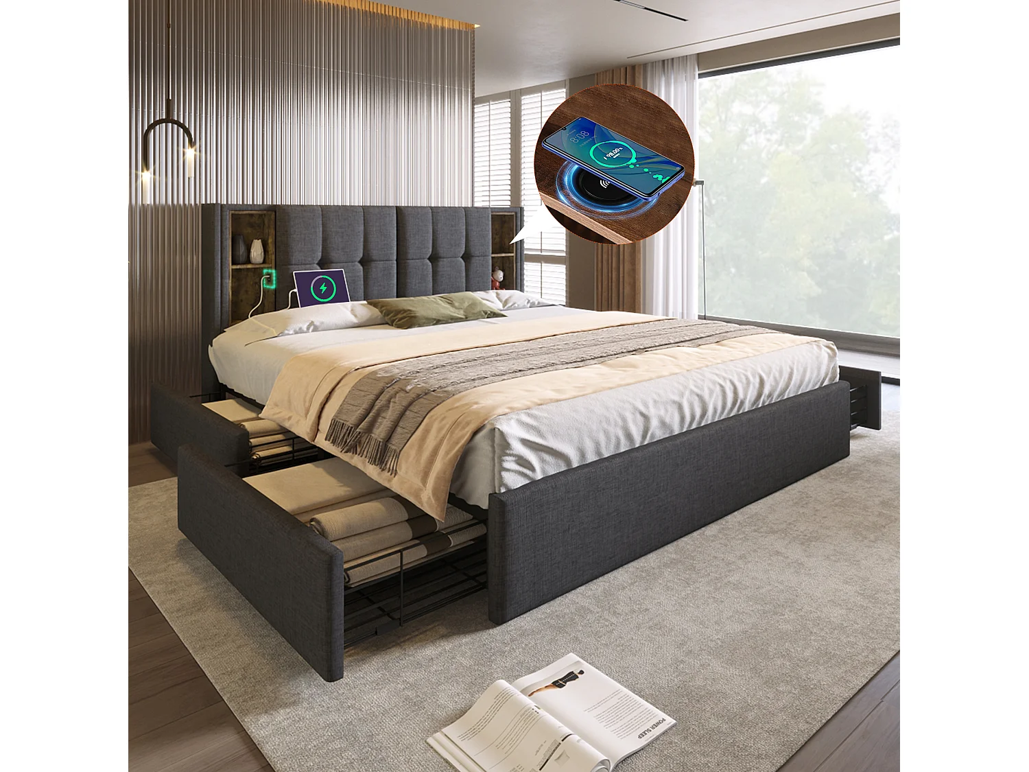 Lit double avec charge sans fil USB C & 4 tiroirs, cadre capitonné en lin, 160x200 cm (223x165x103 cm)