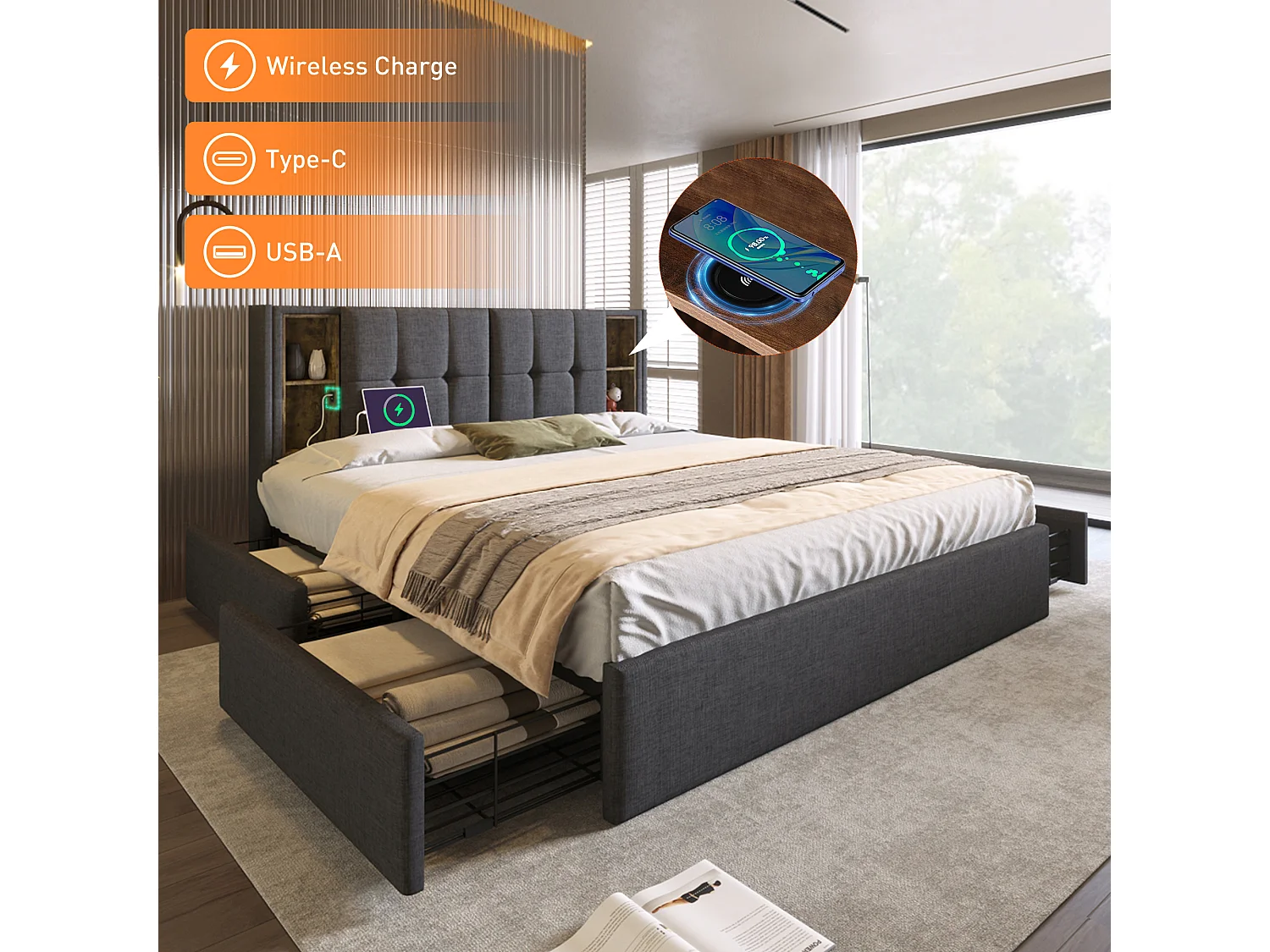 Lit double avec charge sans fil USB C & 4 tiroirs, cadre capitonné en lin, 160x200 cm (223x165x103 cm)