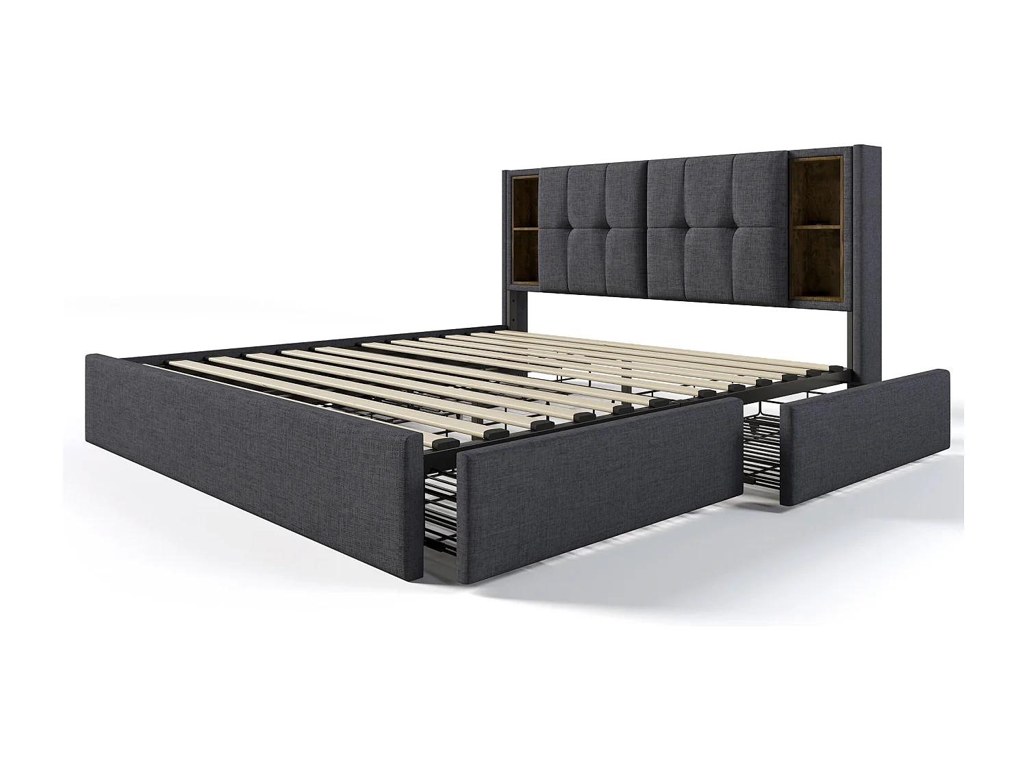 Lit double avec charge sans fil USB C & 4 tiroirs, cadre capitonné en lin, 160x200 cm (223x165x103 cm)