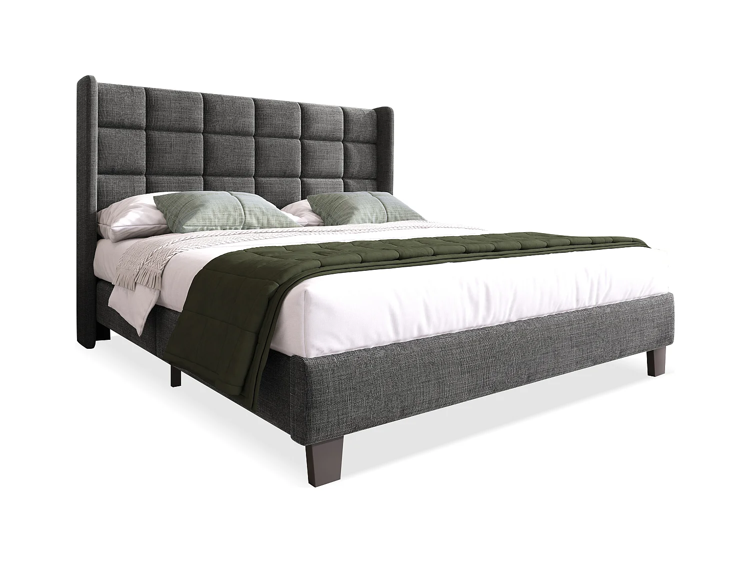 Lit double tapissé, tête de lit rembourrée, lin gris, sommier inclus, design classique (146x208x111cm)