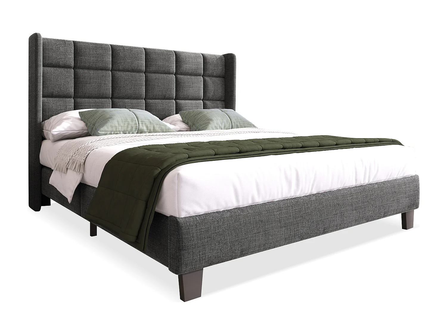 Lit double tapissé, tête de lit rembourrée, lin gris, sommier inclus, design classique (146x208x111cm)