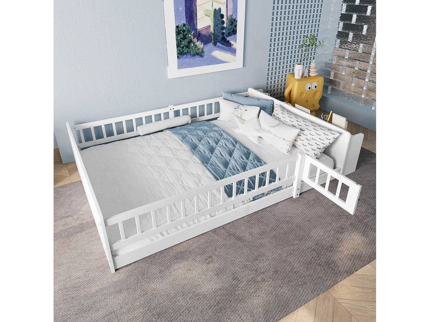 Cama infantil 140x200 cm en madera de pino, con almacenaje, baldas, puerta de seguridad, espacio libre bajo la cama, color blanco (223x145x45 cm)