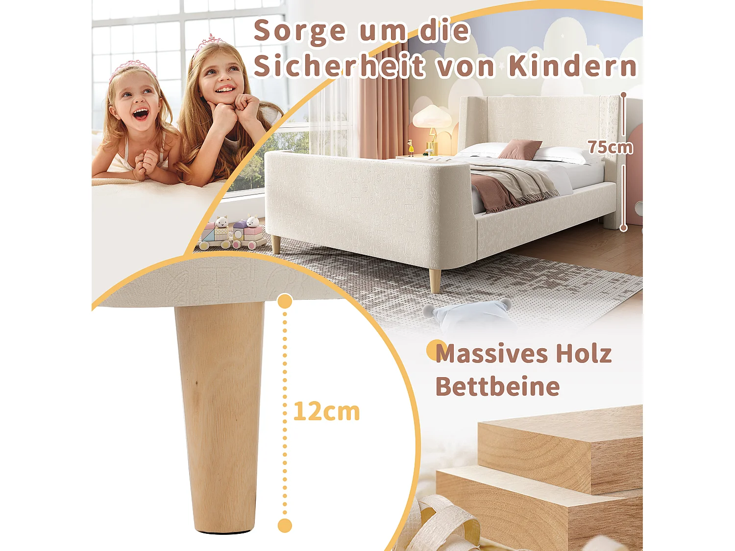 Lit enfant rembourré, design luge avec motif cosmique, velours beige, sans matelas (212x99x76cm)
